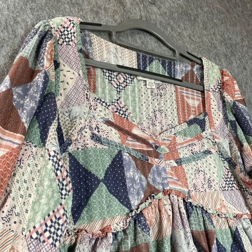 American Eagle Outfitters Blouse Womens Medium Multicolor Patchwork Peplum Boho